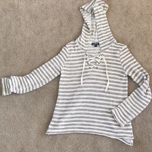 Striped hooded laced front top